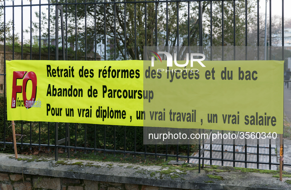 A hundred high school teachers demonstrated at the call of the unions before the Rectorate of Nantes, France, on December 14, 2018, against...