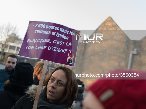 A hundred high school teachers demonstrated at the call of the unions before the Rectorate of Nantes, France, on December 14, 2018, against...