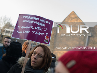 A hundred high school teachers demonstrated at the call of the unions before the Rectorate of Nantes, France, on December 14, 2018, against...