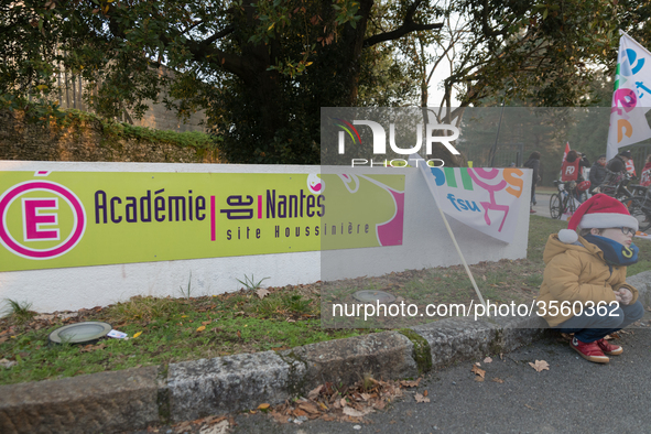 A hundred high school teachers demonstrated at the call of the unions before the Rectorate of Nantes, France, on December 14, 2018, against...