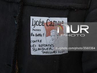 A hundred high school teachers demonstrated at the call of the unions before the Rectorate of Nantes, France, on December 14, 2018, against...