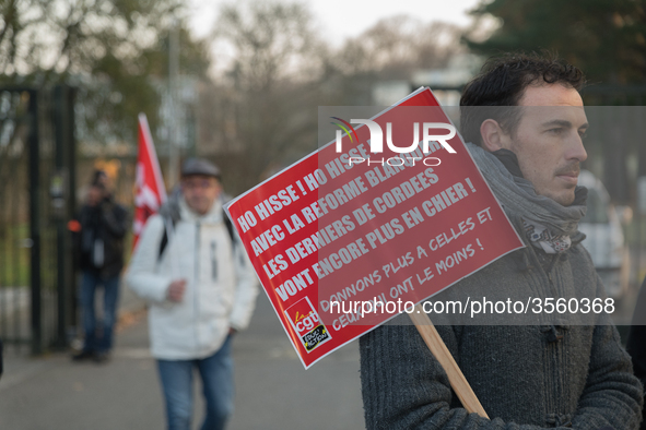 A hundred high school teachers demonstrated at the call of the unions before the Rectorate of Nantes, France, on December 14, 2018, against...