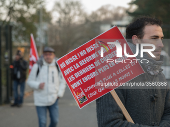 A hundred high school teachers demonstrated at the call of the unions before the Rectorate of Nantes, France, on December 14, 2018, against...