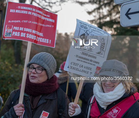 A hundred high school teachers demonstrated at the call of the unions before the Rectorate of Nantes, France, on December 14, 2018, against...