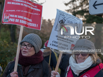 A hundred high school teachers demonstrated at the call of the unions before the Rectorate of Nantes, France, on December 14, 2018, against...