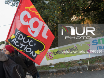 A hundred high school teachers demonstrated at the call of the unions before the Rectorate of Nantes, France, on December 14, 2018, against...