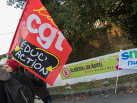 A hundred high school teachers demonstrated at the call of the unions before the Rectorate of Nantes, France, on December 14, 2018, against...