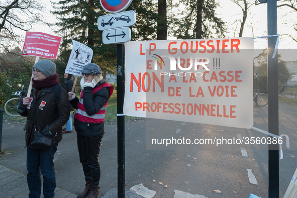 A hundred high school teachers demonstrated at the call of the unions before the Rectorate of Nantes, France, on December 14, 2018, against...