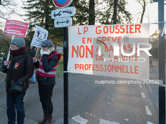 A hundred high school teachers demonstrated at the call of the unions before the Rectorate of Nantes, France, on December 14, 2018, against...