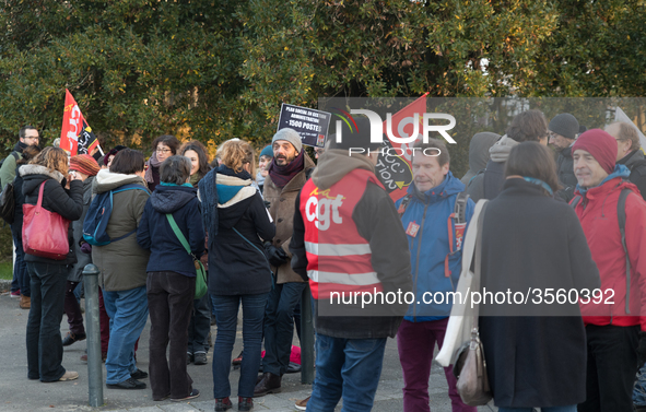 A hundred high school teachers demonstrated at the call of the unions before the Rectorate of Nantes, France, on December 14, 2018, against...