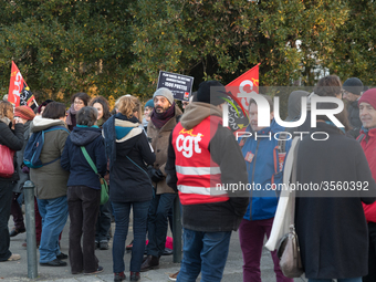 A hundred high school teachers demonstrated at the call of the unions before the Rectorate of Nantes, France, on December 14, 2018, against...