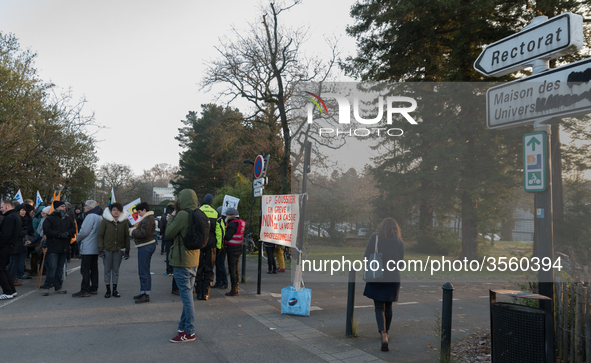 A hundred high school teachers demonstrated at the call of the unions before the Rectorate of Nantes, France, on December 14, 2018, against...