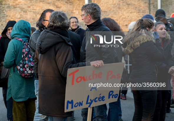 A hundred high school teachers demonstrated at the call of the unions before the Rectorate of Nantes, France, on December 14, 2018, against...