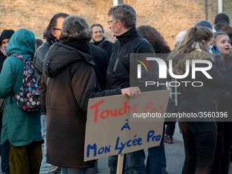 A hundred high school teachers demonstrated at the call of the unions before the Rectorate of Nantes, France, on December 14, 2018, against...