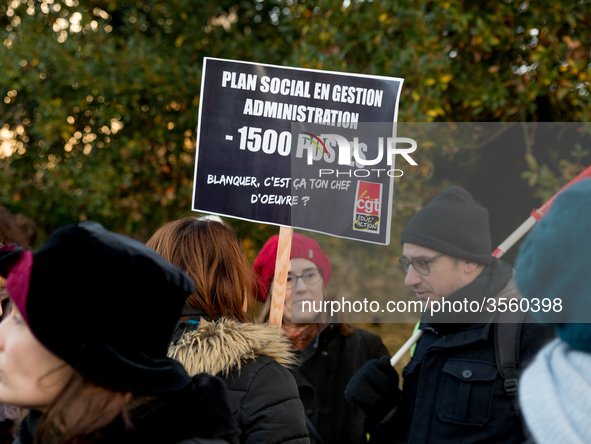 A hundred high school teachers demonstrated at the call of the unions before the Rectorate of Nantes, France, on December 14, 2018, against...