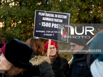 A hundred high school teachers demonstrated at the call of the unions before the Rectorate of Nantes, France, on December 14, 2018, against...