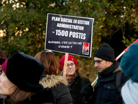 A hundred high school teachers demonstrated at the call of the unions before the Rectorate of Nantes, France, on December 14, 2018, against...