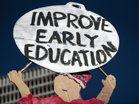 Teachers and supporters of public education march against education funding cuts during the March for Public Education in Los Angeles, Calif...