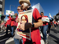 Teachers and supporters of public education march against education funding cuts during the March for Public Education in Los Angeles, Calif...