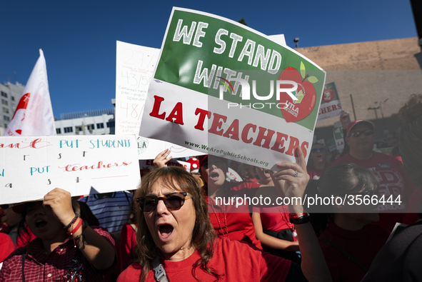 Teachers and supporters of public education march against education funding cuts during the March for Public Education in Los Angeles, Calif...