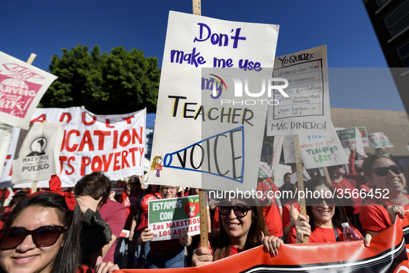 Teachers and supporters of public education march against education funding cuts during the March for Public Education in Los Angeles, Calif...