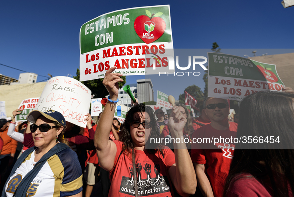 Teachers and supporters of public education march against education funding cuts during the March for Public Education in Los Angeles, Calif...