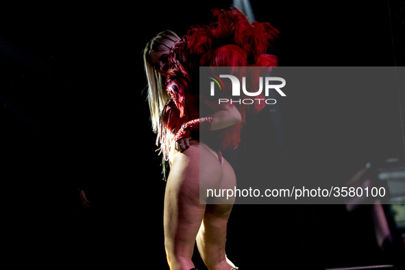 A contestant dances on the stage during the Miss Bumbum Brazil 2018 pageant in Sao Paulo, Brazil on November 5, 2018. Fifteen candidates com...