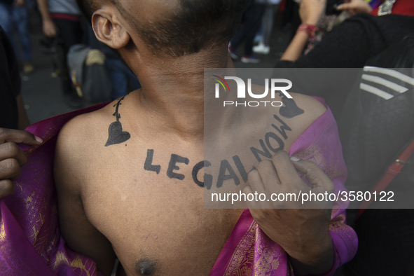 Member and supporter of the lesbian, gay, bisexual, transgender and queer (LGBTQ) community flaunts his body art at New Delhi's Queer Pride...