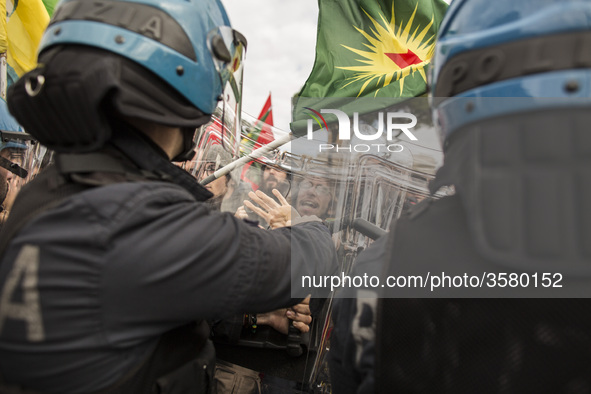 Italy, Rome:Italian policemen face pro-Kurdish demonstrators during a sit-in near the Vatican in Rome, Monday, Feb. 5, 2018.Turkish Presiden...