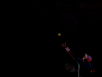 Kevin Anderson of South Africa serves a ball to Stefanos Tsitsipas of Greece during the Millennium Estoril Open ATP 250 tennis tournament, a...