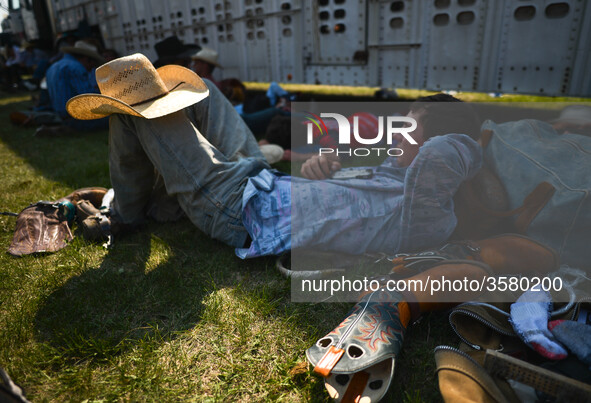 A cowboy seen resting and preparing ahead of the competition during the 105th Annual Bruce Stampede, the oldest one day rodeo in Canada. 
On...