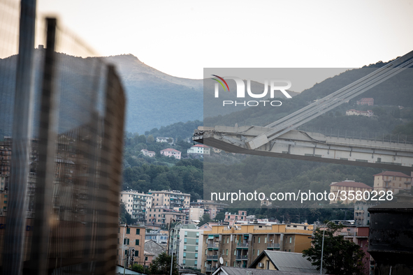 A picture shows the collapsed Morandi motorway bridge in Genoa on September 9, 2018. The giant motorway bridge collapsed on August 14, 2018...