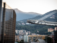 A picture shows the collapsed Morandi motorway bridge in Genoa on September 9, 2018. The giant motorway bridge collapsed on August 14, 2018...