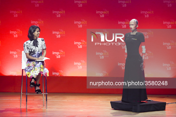 Liz Bacelar and Sophia the robot as a special guest of the Impact’18 congress held in ICE Congress Centre. Krakow, Poland on 13 June, 2018....