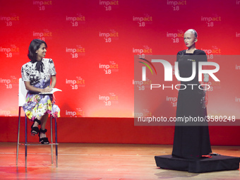 Liz Bacelar and Sophia the robot as a special guest of the Impact’18 congress held in ICE Congress Centre. Krakow, Poland on 13 June, 2018....