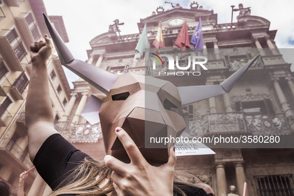 Activist against animal cruelty in bull fightings  wears a paperboard bullhead mask under the Pamplona city council building, Spain before t...