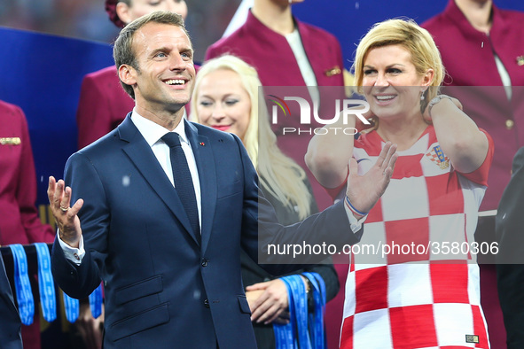 Emmanuel Macron Kolinda Grabar-Kitarović at the end of of the 2018 FIFA World Cup Russia Final between France and Croatia at Luzhniki Stadiu...