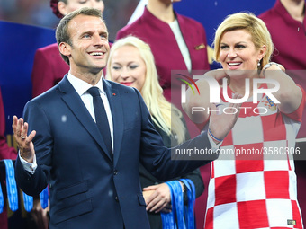 Emmanuel Macron Kolinda Grabar-Kitarović at the end of of the 2018 FIFA World Cup Russia Final between France and Croatia at Luzhniki Stadiu...