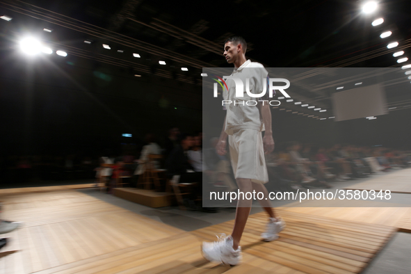 A model presents a creation from the fashion designer Lidija Kolovrat Spring/Summer 2019 collection during the day 4 of the Lisboa Fashion W...