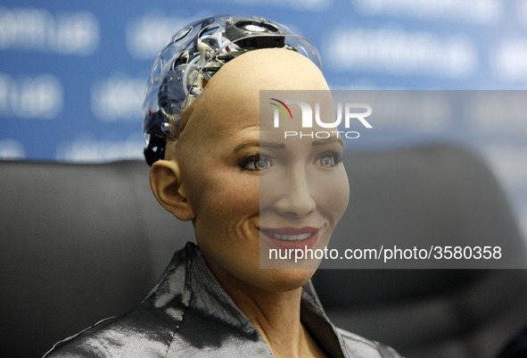 'Sophia the Robot' speaks during a press-conference in Kiev, Ukraine, 11 October, 2018. The humanoid 'Sophia the Robot', developed by Hong K...