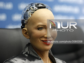 'Sophia the Robot' speaks during a press-conference in Kiev, Ukraine, 11 October, 2018. The humanoid 'Sophia the Robot', developed by Hong K...