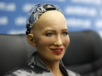 'Sophia the Robot' speaks during a press-conference in Kiev, Ukraine, 11 October, 2018. The humanoid 'Sophia the Robot', developed by Hong K...