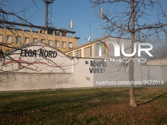 A view of the wall of historic headquarters of the Lega Nord in Via Bellerio in Milan, vandalized by murals insults, in Milan, Italy, on Jan...