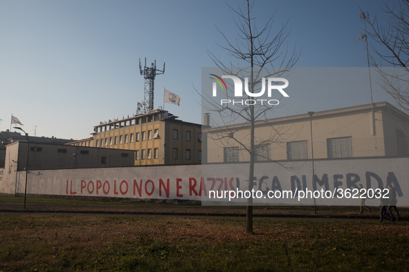 A view of the wall of historic headquarters of the Lega Nord in Via Bellerio in Milan, vandalized by murals insults, in Milan, Italy, on Jan...