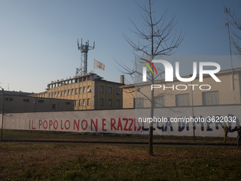 A view of the wall of historic headquarters of the Lega Nord in Via Bellerio in Milan, vandalized by murals insults, in Milan, Italy, on Jan...