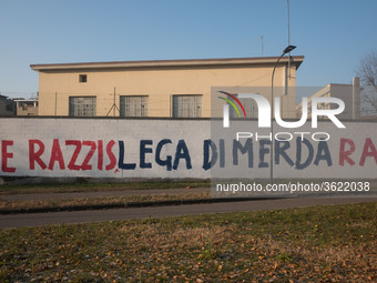 A view of the wall of historic headquarters of the Lega Nord in Via Bellerio in Milan, vandalized by murals insults, in Milan, Italy, on Jan...