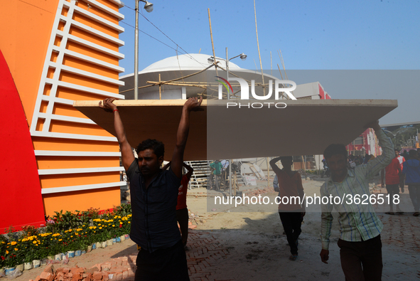 Bangladeshi day labor works in the Dhaka International Trade Fair in Dhaka, Bangladesh. On January 08, 2019. 