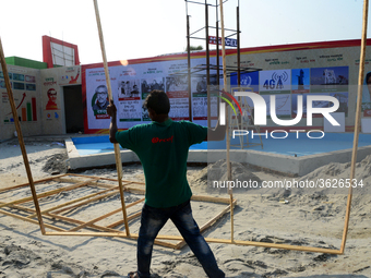 Bangladeshi day labor works in the Dhaka International Trade Fair in Dhaka, Bangladesh. On January 08, 2019. (