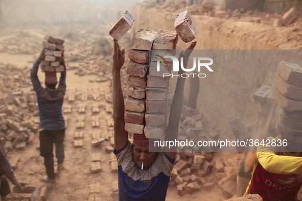 A man stacks more than a dozen bricks on his head while working at in brickfields Narayanganj near Dhaka Bangladesh on January 12, 2019. 