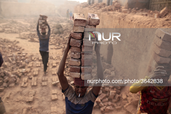 A man stacks more than a dozen bricks on his head while working at in brickfields Narayanganj near Dhaka Bangladesh on January 12, 2019. 